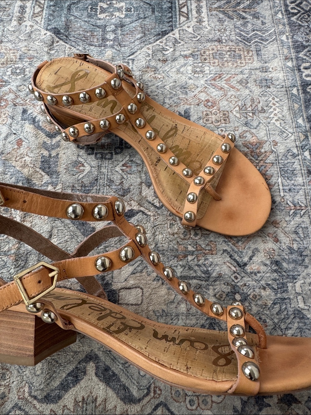 Sam Edelman Tan Studded T-Strap Sandals Block Heel Leather - Picture 9 of 11